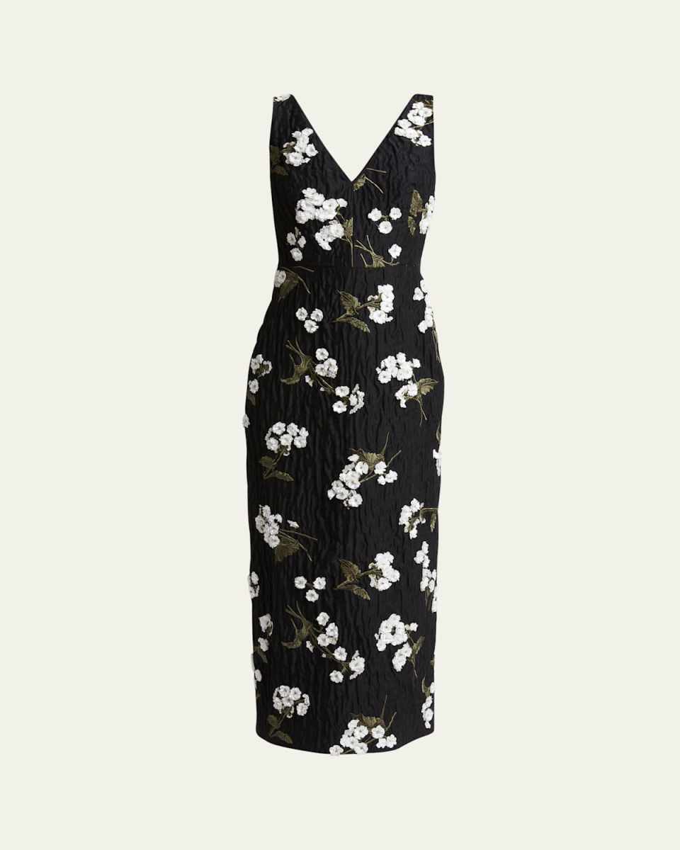 Floral-Embroidered Crinkle Effect Midi Cocktail Dress